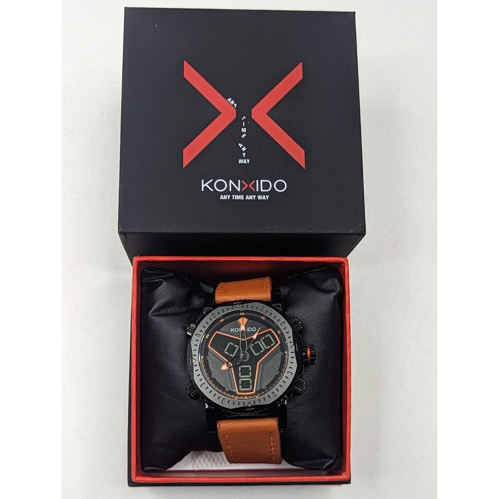 KONXIDO‎ Mens Orange Leather Band Analog Quartz Watch KO6341 Black Case New